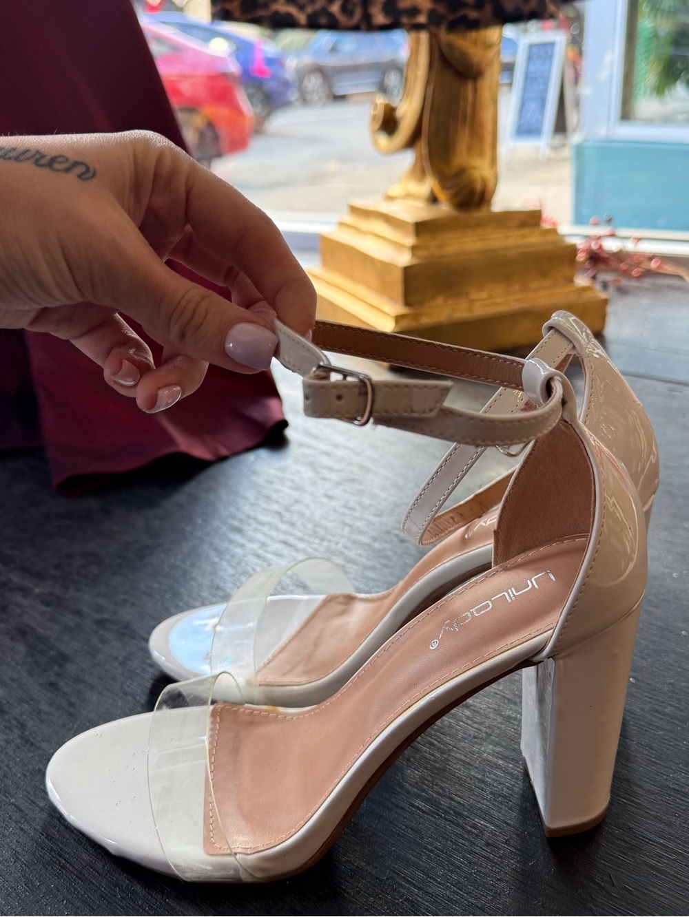 White Block Heel with Clear Strap